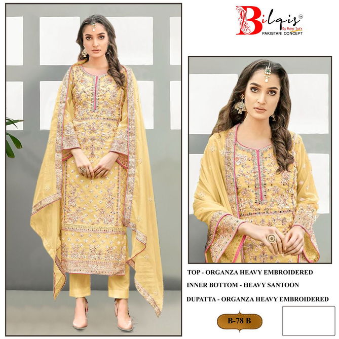 Bilqis B 78 A To D Organza Designer Pakistani Suits Wholesale Market In Surat
